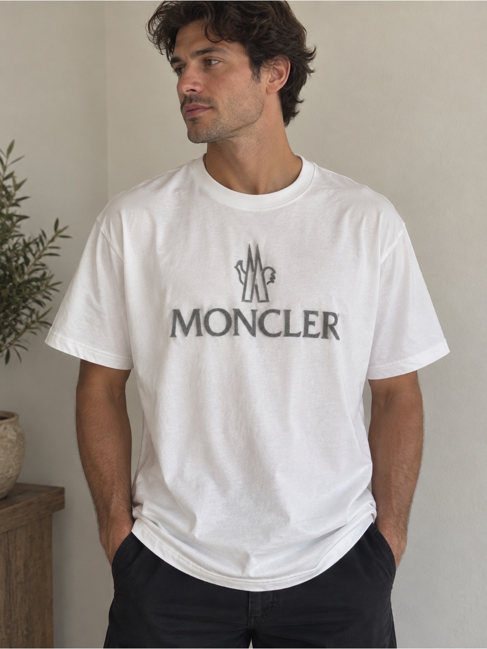 Moncler Unisex Logo T-Shirt White Gray Velvet Flocked Tee